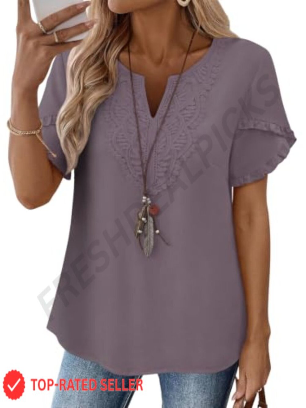 Womens Boho Lace V Neck Ruffle Sleeve Blouse Summer Top